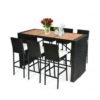 Lyra 7-Piece Outdoor Rattan Wicker Bar Set with Wooden Top Table
