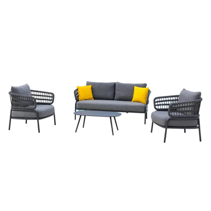 Raelynn Outdoor Rope 4-Piece Patio Sofa Set with Glass Top Table (Grey)