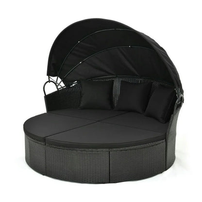 Outdoor Round Canopy Daybed Wicker Patio Furniture Set with Cushions