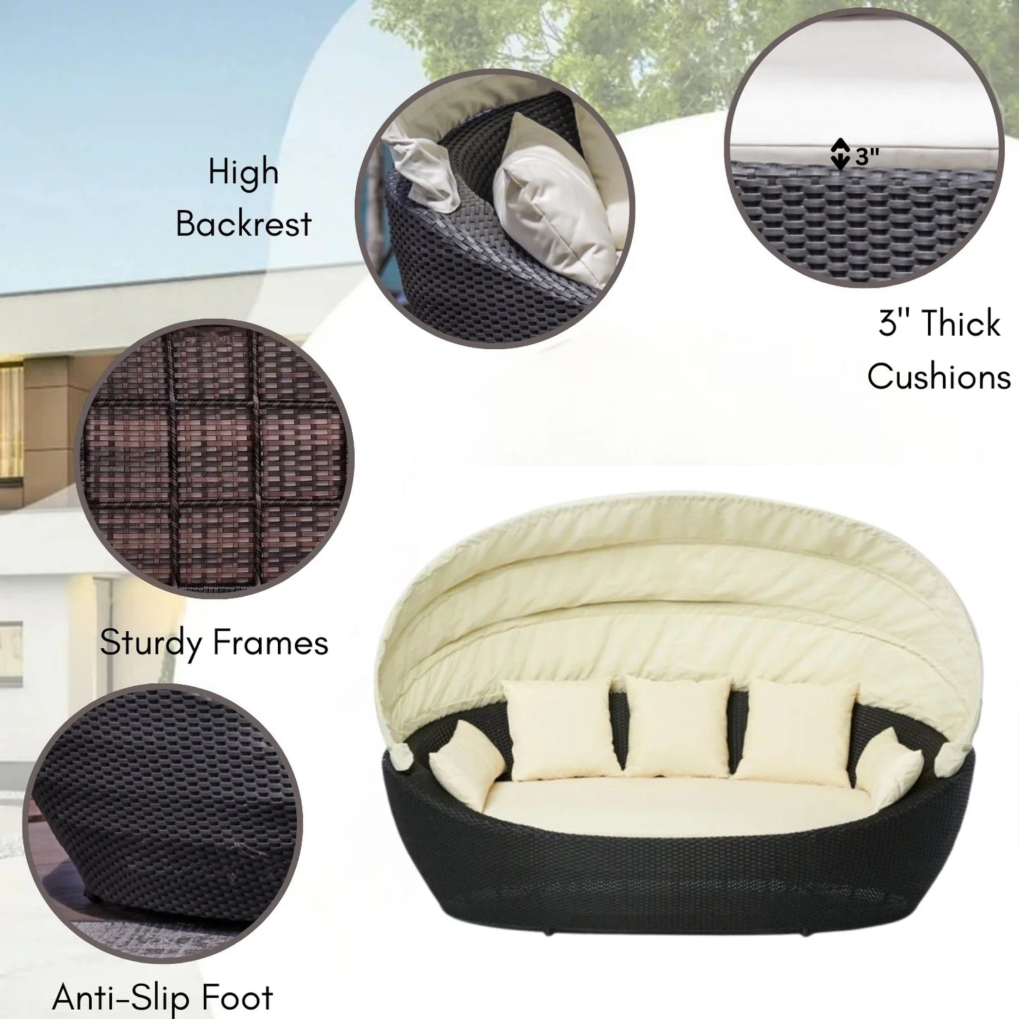 Fadwa Outdoor All-Weather Wicker Patio Daybed with Retractable Canopy