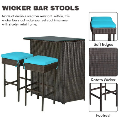 Outdoor Wicker Bar Set with Glass Top, 2 Cushioned Stools