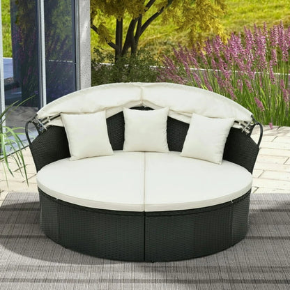 Outdoor Round Canopy Daybed Wicker Patio Furniture Set with Cushions