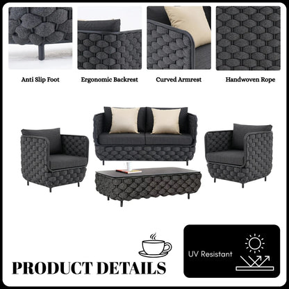 Camila 4 Piece Outdoor Rope Sofa Set with Glass Top Coffee Table (Black)