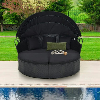 Outdoor Round Canopy Daybed Wicker Patio Furniture Set with Cushions