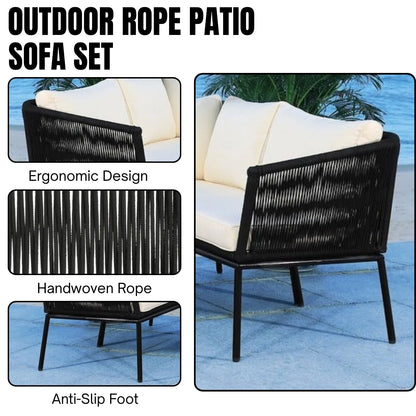 Obeida Outdoor Black Rope L-Shape All Weather Sectional Sofa Set