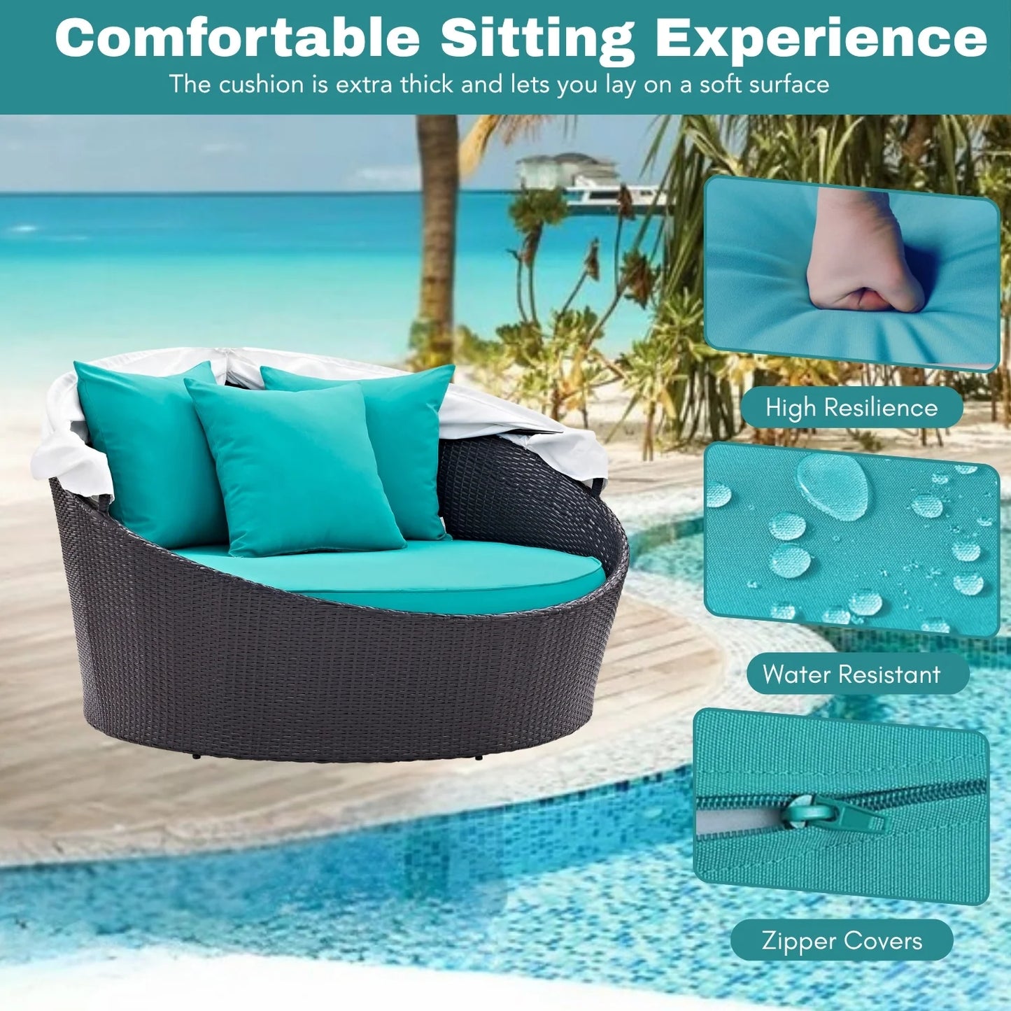 Simisola Outdoor Rattan Wicker Patio Daybed with Retractable Canopy