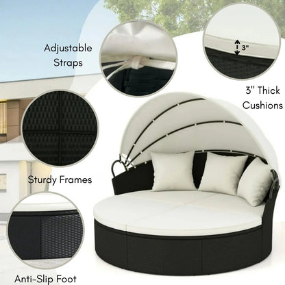 Outdoor Round Canopy Daybed Wicker Patio Furniture Set with Cushions
