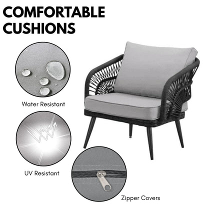 Presley Outdoor Rope 4-Piece Patio Sofa Set with Glass Top Table (Black/Light Grey)