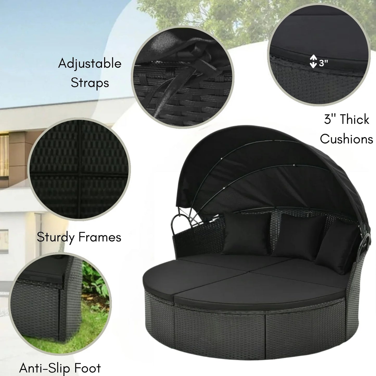Outdoor Round Canopy Daybed Wicker Patio Furniture Set with Cushions