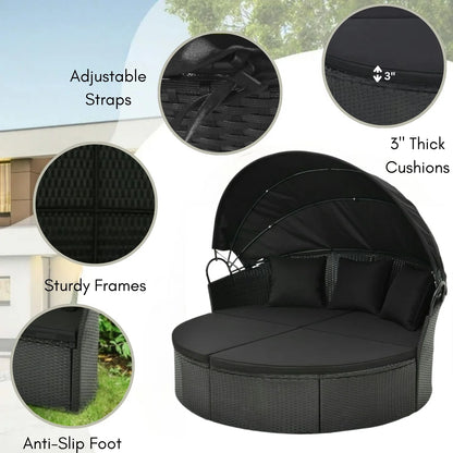 Outdoor Round Canopy Daybed Wicker Patio Furniture Set with Cushions