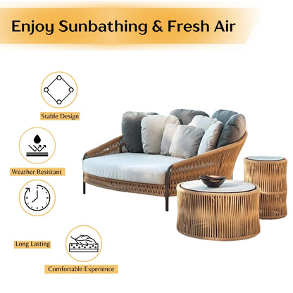 Roxane Outdoor Patio Rope Daybed With Center and Side Tables