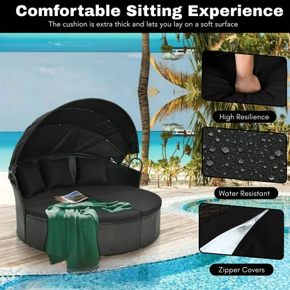 Outdoor Round Canopy Daybed Wicker Patio Furniture Set with Cushions
