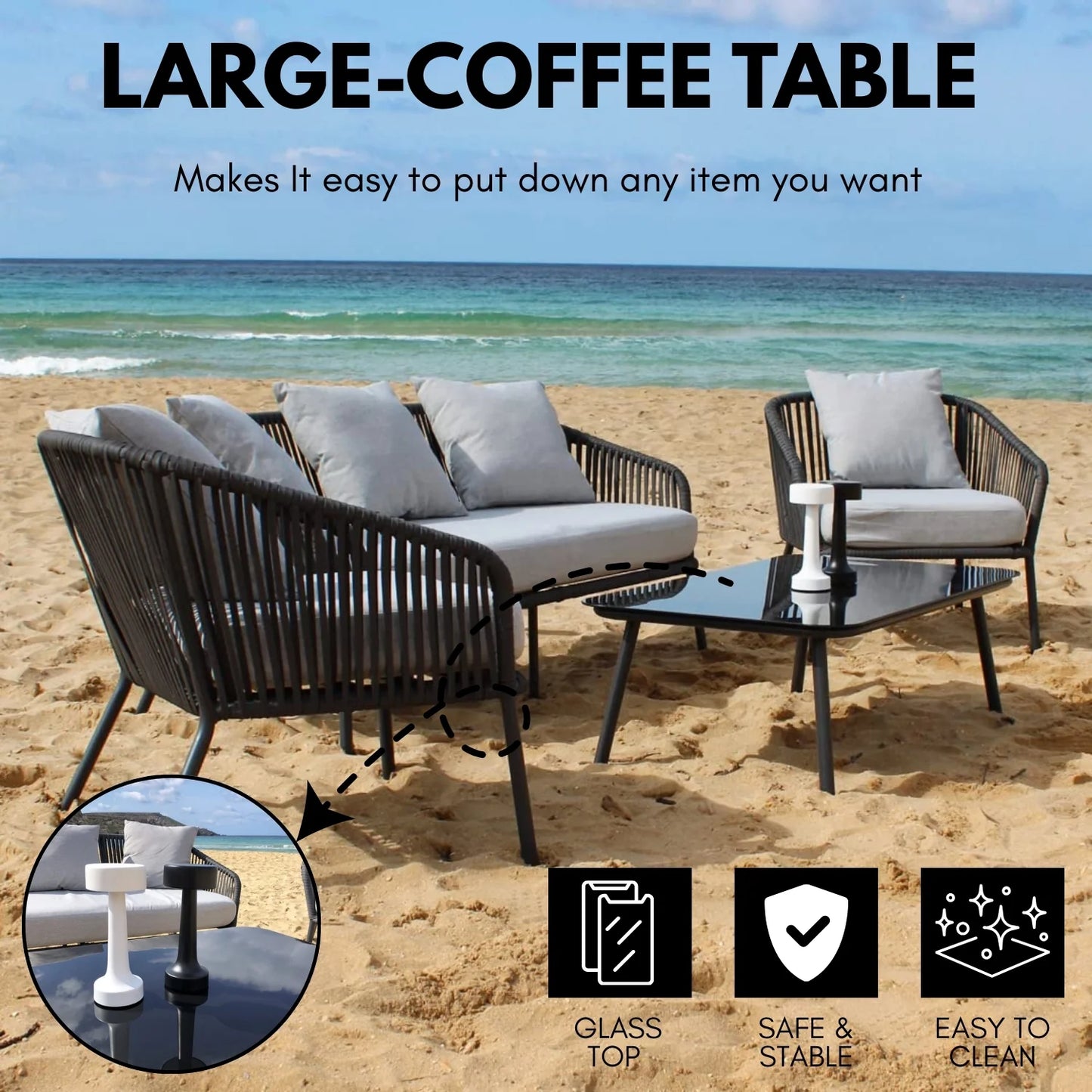 Azalea 4-Piece Outdoor Rope Patio Sofa Set (Black & Off-White)