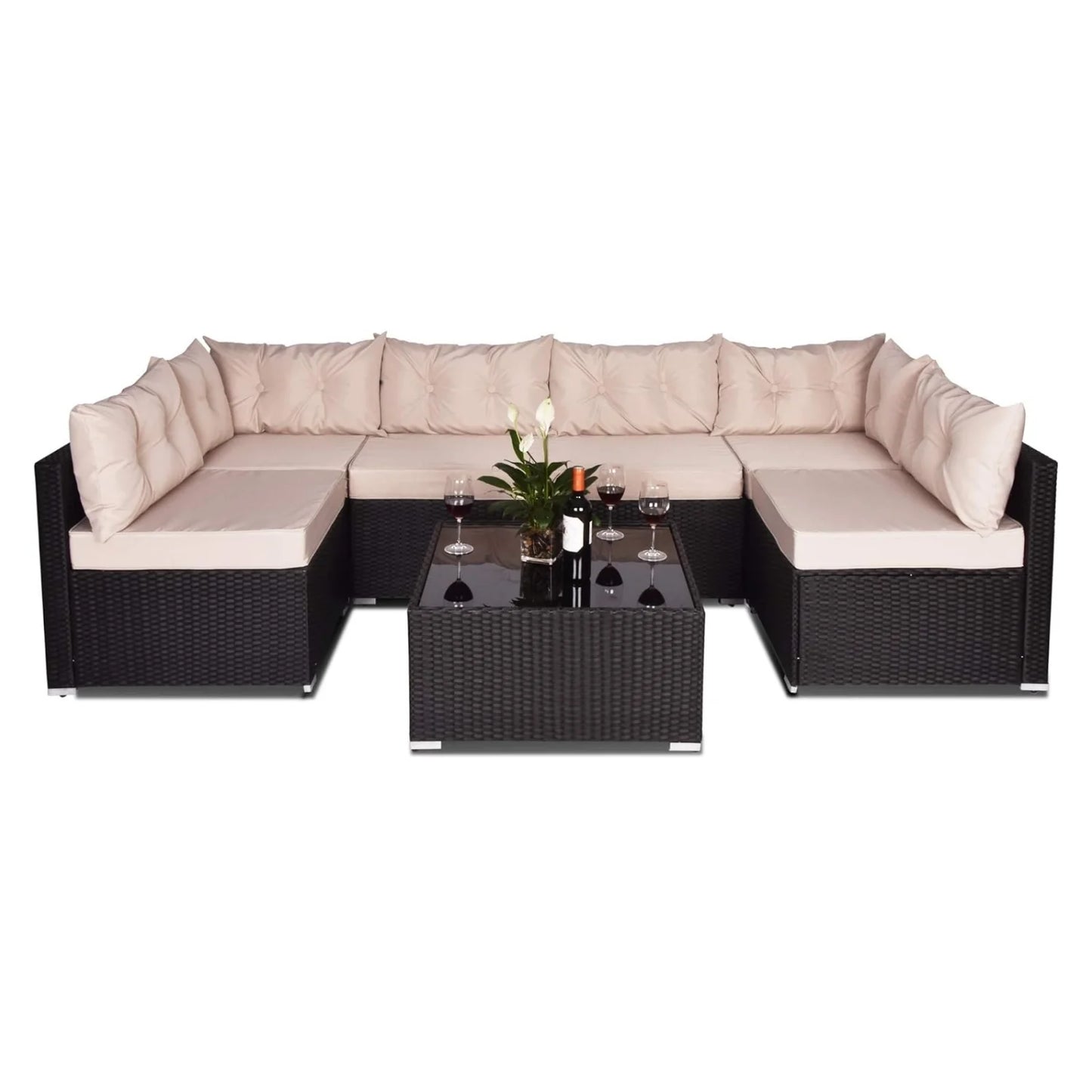 Odessa 6-Seater Outdoor Garden Conversation Sofa Set (Dark Brown & Cream)