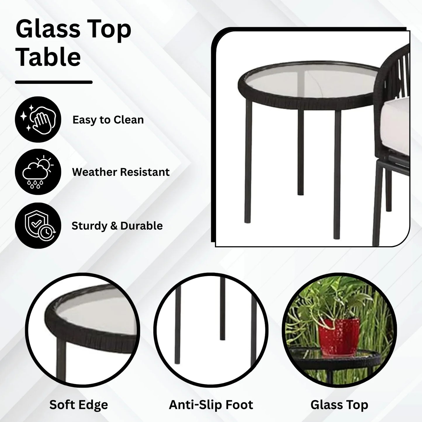 Safiya 3 Piece Outdoor Rope Bistro Set (Black & White)