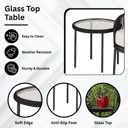 Safiya 3 Piece Outdoor Rope Bistro Set (Black & White)