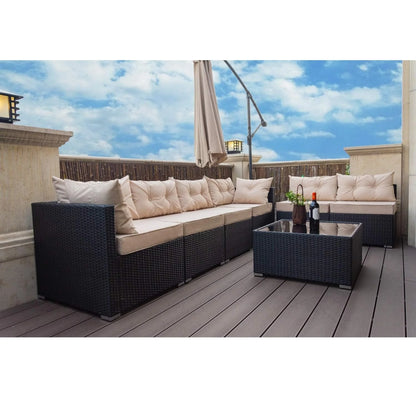 Odessa 6-Seater Outdoor Garden Conversation Sofa Set (Dark Brown & Cream)