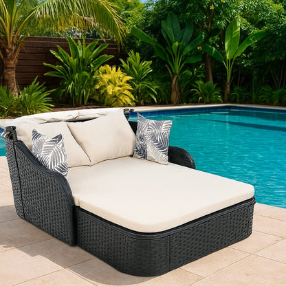 Abiola Outdoor Rattan Wicker Double Seater Canopy Daybed