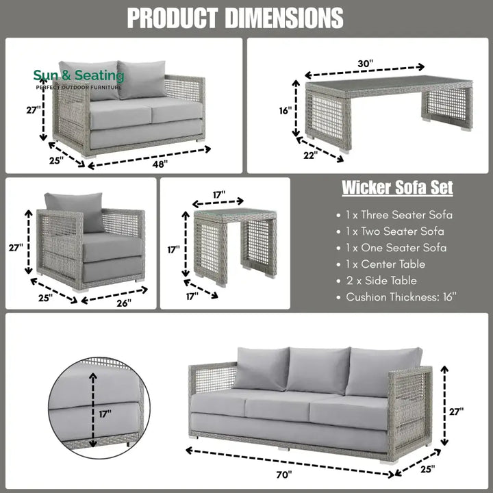 Aarini Outdoor Wicker Woven 6 Pieces Sectional Patio Furniture Set Sofa Set