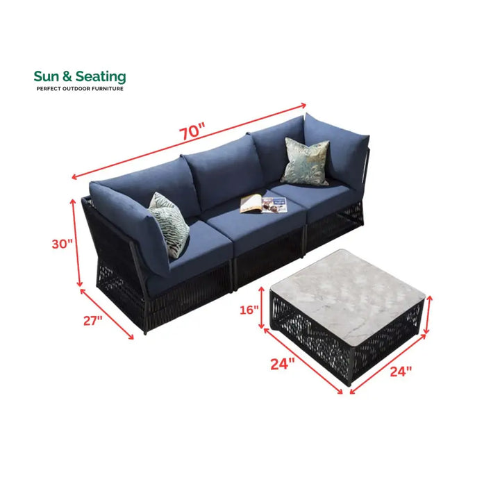 Adán Outdoor Sofa Set 3 Seater and 1 Center Table Set (Blue) Braided &amp; Rope Sofa Sets