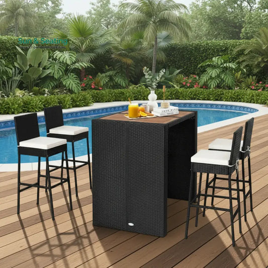 Addison 5-Piece Outdoor Rattan Wicker Bar Set with Wooden Top Table Bar Set