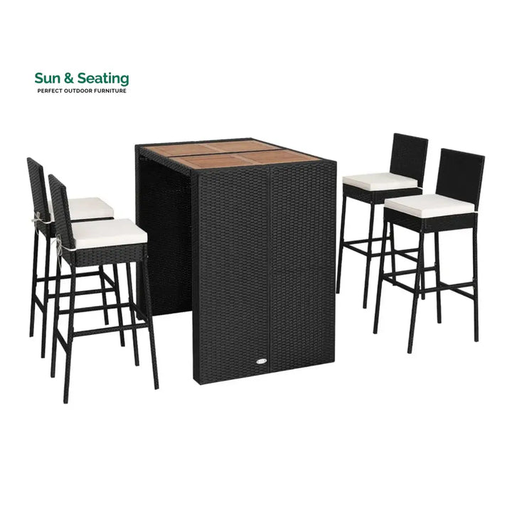 Addison 5-Piece Outdoor Rattan Wicker Bar Set with Wooden Top Table Bar Set