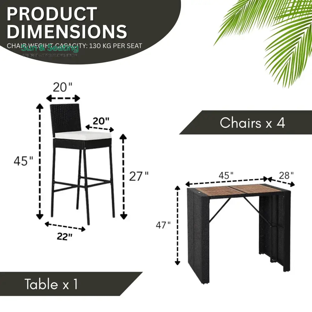 Addison 5-Piece Outdoor Rattan Wicker Bar Set with Wooden Top Table Bar Set
