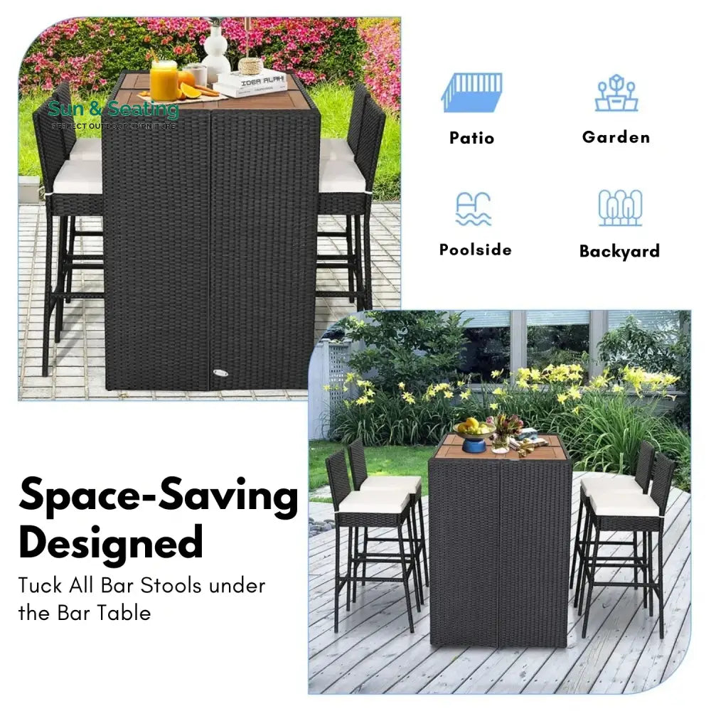Addison 5-Piece Outdoor Rattan Wicker Bar Set with Wooden Top Table Bar Set