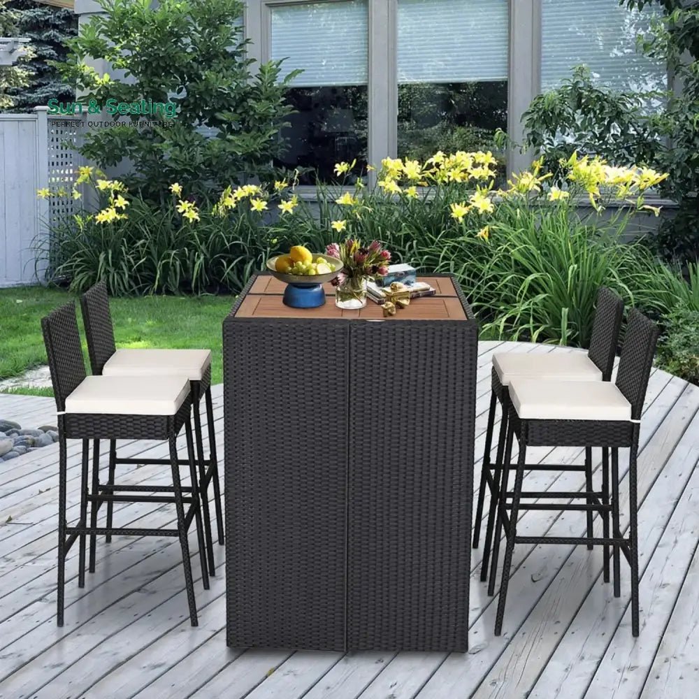 Addison 5-Piece Outdoor Rattan Wicker Bar Set with Wooden Top Table Bar Set