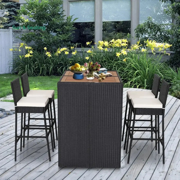 Addison 5-Piece Outdoor Rattan Wicker Bar Set with Wooden Top Table Bar Set