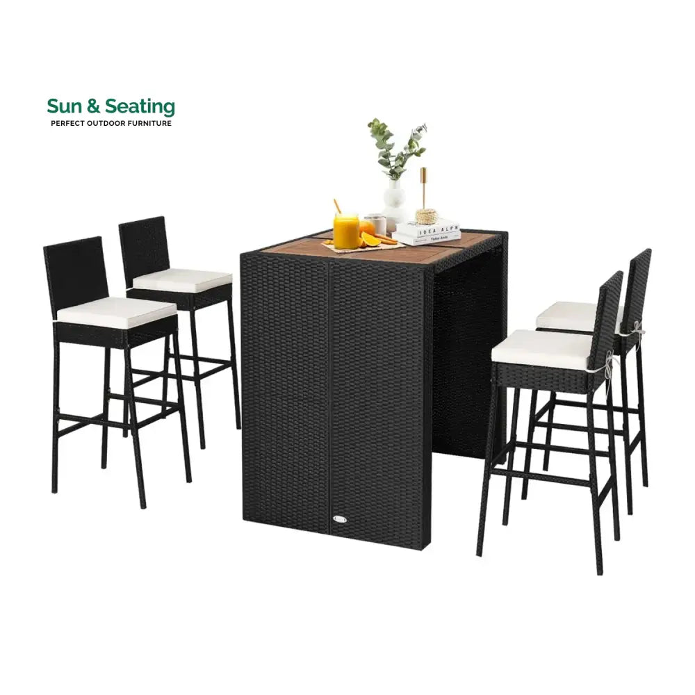 Addison 5-Piece Outdoor Rattan Wicker Bar Set with Wooden Top Table Bar Set