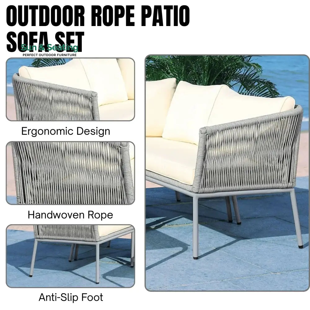 Adele Outdoor Grey Rope L-Shape All Weather Sectional Sofa Set Sofa Set