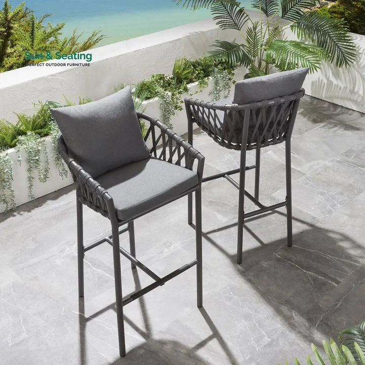 Adelina Outdoor Patio Bar Chair 2 Chairs For Balcony Braided &amp; Rope Grey Bar Sets