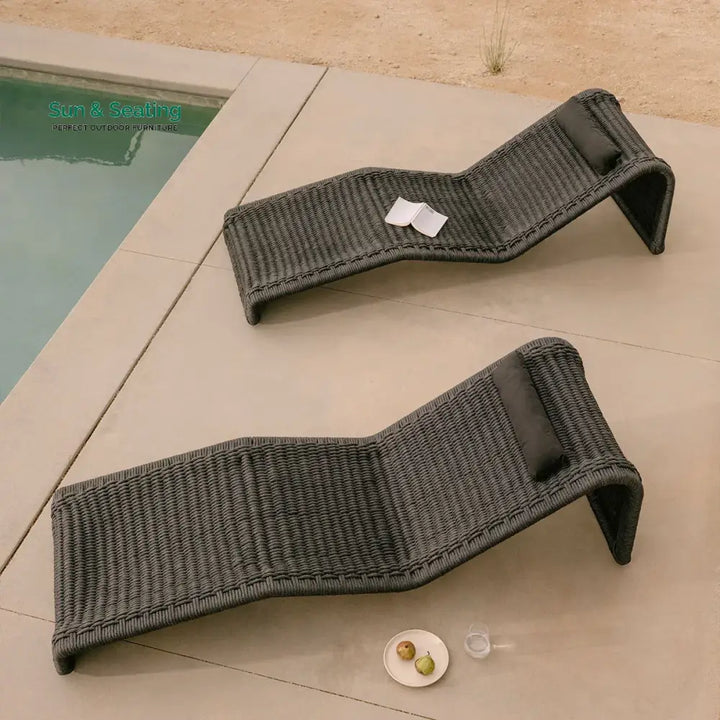 Adnet Outdoor Swimming Poolside Lounger Set of 2 (Black) Braided &amp; Rope Loungers