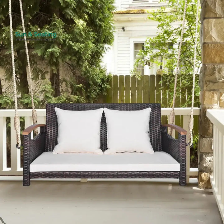 Afaf Outdoor Dark Brown Rattan Wicker Two Seater Sofa Swing Swing