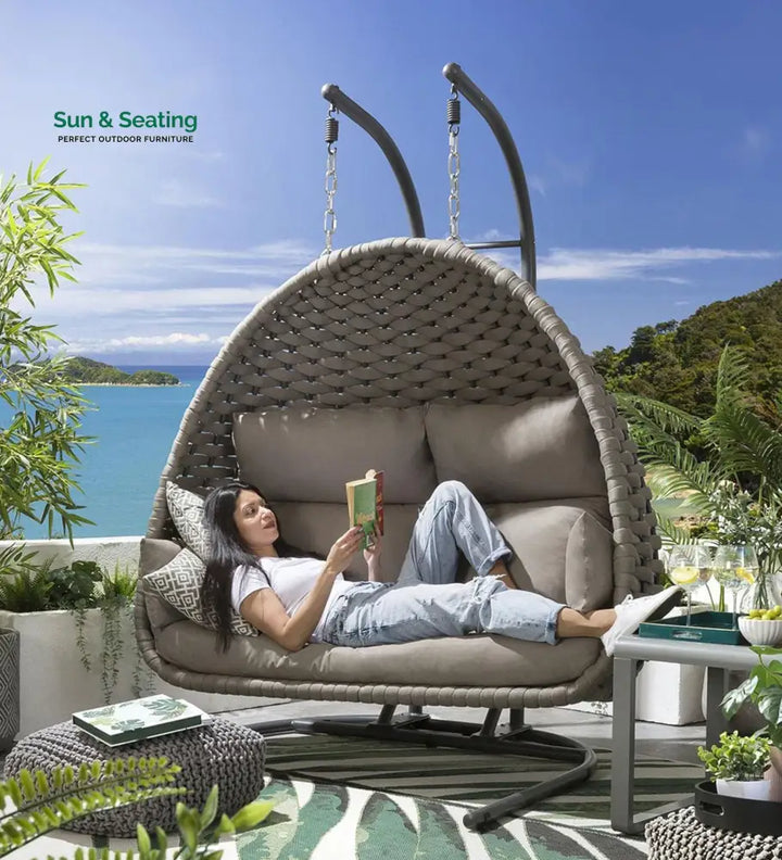 Afon Double Seater Hanging Swing With Stand For Balcony Garden Swing (Silk Grey) Braid &amp; Rope Swings