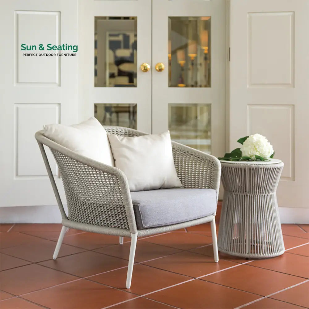 Aid Outdoor Patio Seating Set Single Chair and 1 Side Table Set (Grey) Braided &amp; Rope Coffee Table Sets