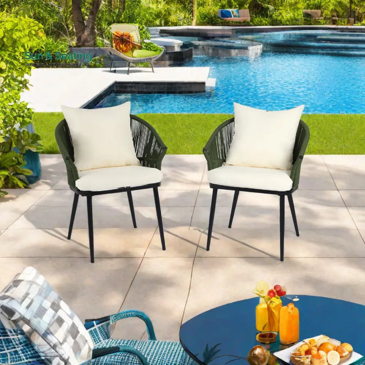 Aina Outdoor Patio Seating Set 2 Chairs Set Braid &amp; Rope Green Coffee Table Sets