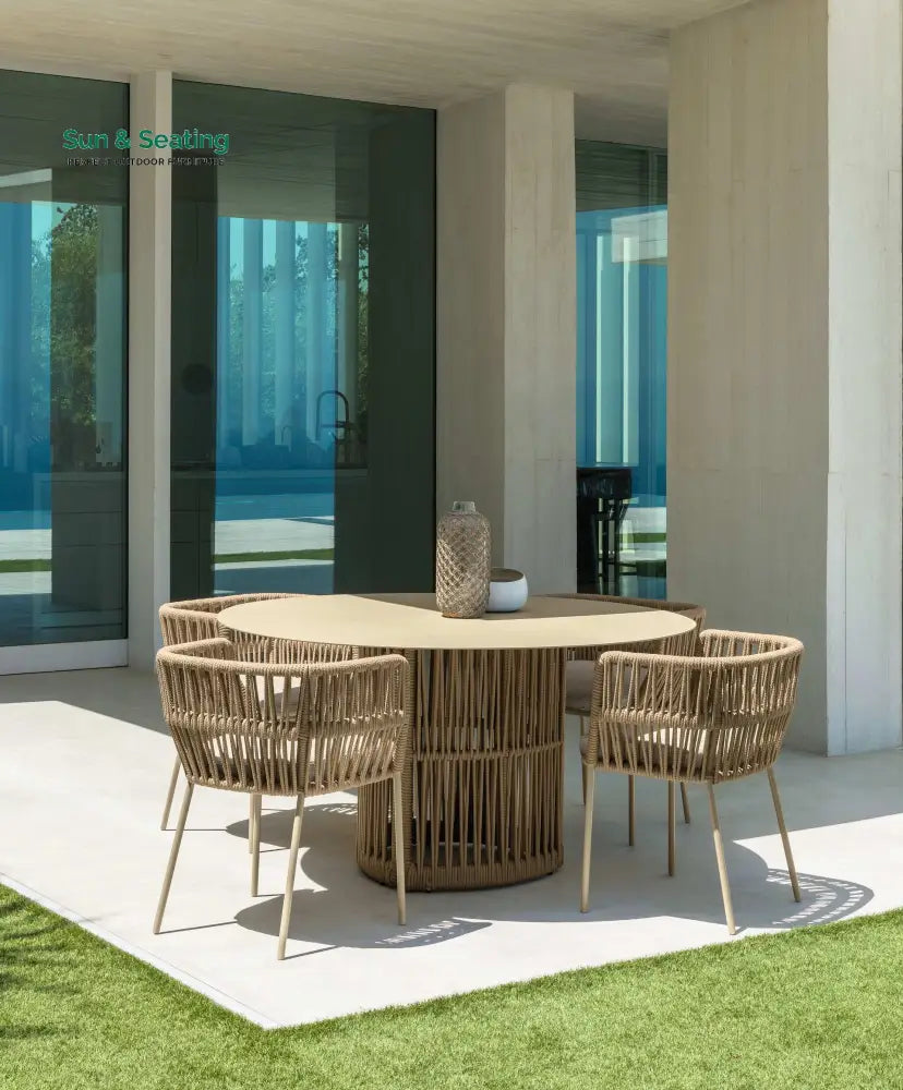 Akin Outdoor Patio Seating Set 4 Chairs and 1 Table Set (Cream) Braided & Rope Coffee Table Sets
