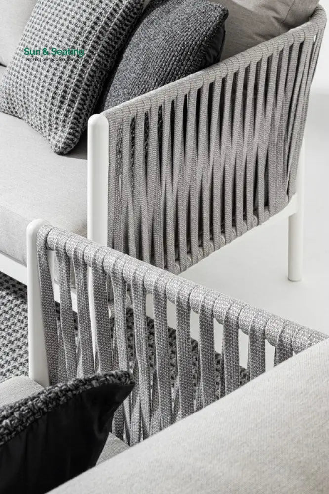 Aksu Outdoor Garden Balcony Sofa Set 3 Seater 2 Single Seater and 1 Center Table Set Braid &amp; Rope (White + Grey) Sofa