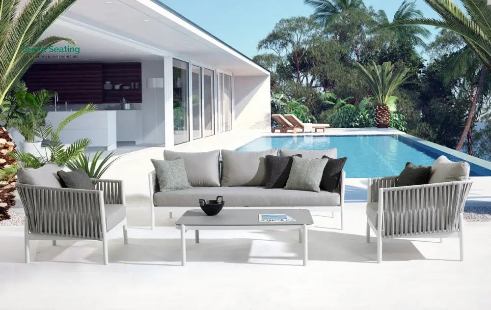 Aksu Outdoor Garden Balcony Sofa Set 3 Seater 2 Single Seater and 1 Center Table Set Braid & Rope (White + Grey) Sofa
