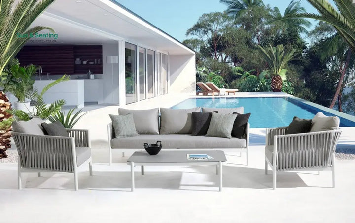 Aksu Outdoor Garden Balcony Sofa Set 3 Seater 2 Single Seater and 1 Center Table Set Braid &amp; Rope (White + Grey) Sofa