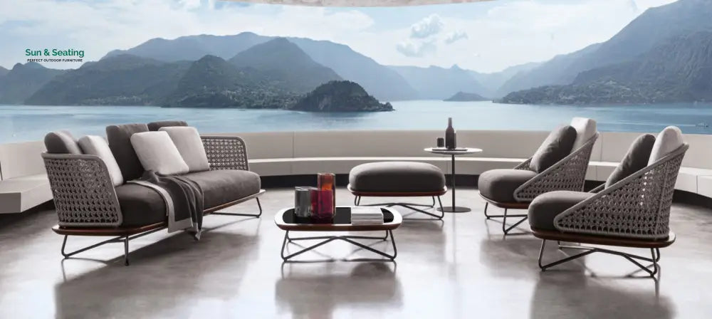 Alano Outdoor Garden Balcony Sofa Set 3 Seater 2 Single Seater 1 Ottoman and 1 Center Table Set Braid &amp; Rope (Grey)