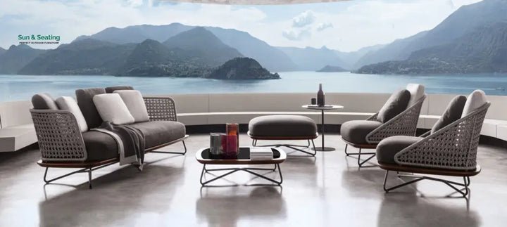 Alano Outdoor Garden Balcony Sofa Set 3 Seater 2 Single Seater 1 Ottoman and 1 Center Table Set Braid &amp; Rope (Grey)