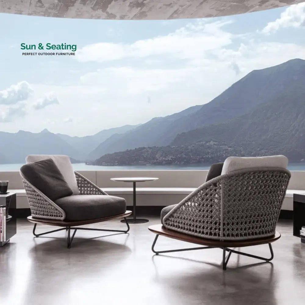 Alano Outdoor Garden Balcony Sofa Set 3 Seater 2 Single Seater 1 Ottoman and 1 Center Table Set Braid &amp; Rope (Grey)