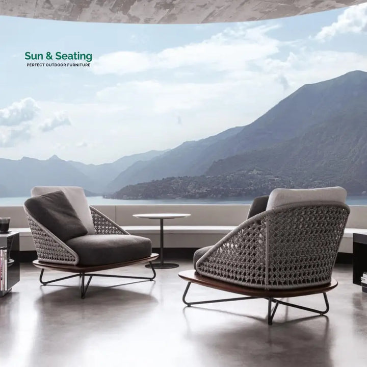 Alano Outdoor Garden Balcony Sofa Set 3 Seater 2 Single Seater 1 Ottoman and 1 Center Table Set Braid &amp; Rope (Grey)