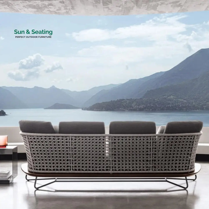 Alano Outdoor Garden Balcony Sofa Set 3 Seater 2 Single Seater 1 Ottoman and 1 Center Table Set Braid &amp; Rope (Grey)