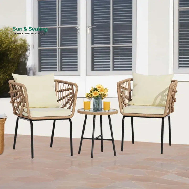 Aldric Outdoor Patio Seating Set 2 Chairs and 1 Table Set (Honey) Beige Coffee Table Sets