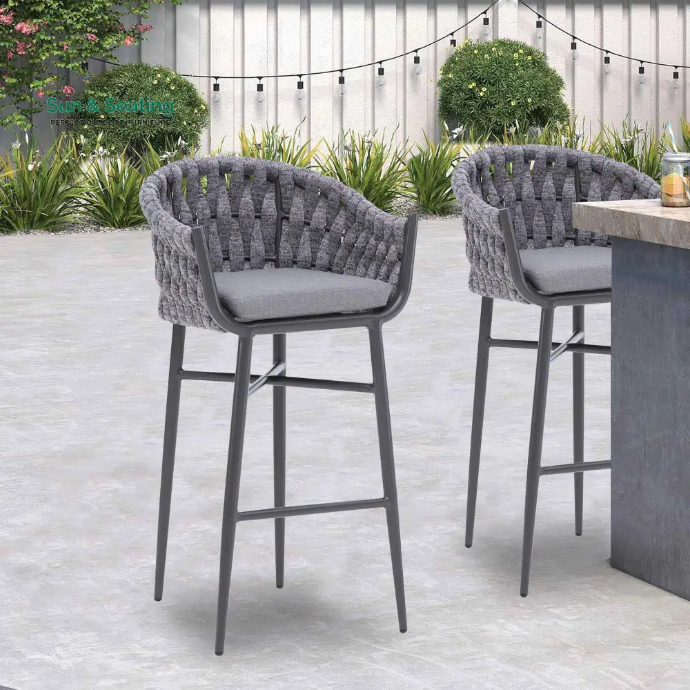 Alev Outdoor Patio Bar Chair 2 Chairs For Balcony Braided &amp; Rope (Grey) Bar Sets