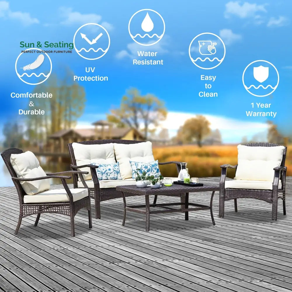 Alfonsiee Outdoor Sofa Set 2 Seater 2 Single seater and 1 Center Table (Brown + Cream) Sofa Sets